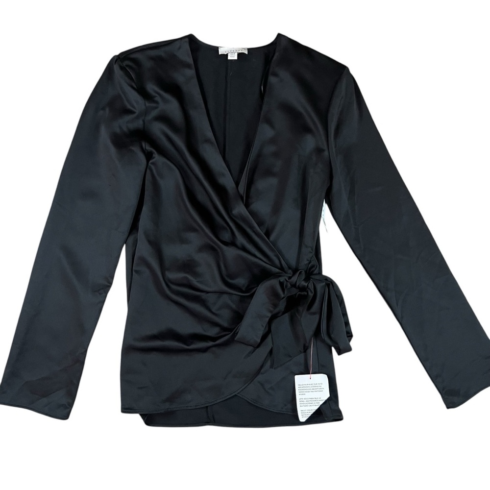 Topshop NWT Size 4 Black Silky Long Sleeve Wrap Front Tie Shirt/ Blouse.